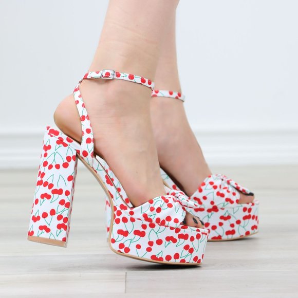Rockabilly Cherry Print Platform High Heels Bow Strap - Picture 6 of 12